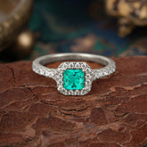 Princess Cut Emerald Engagement Ring Halo Half Eternity Pave Band